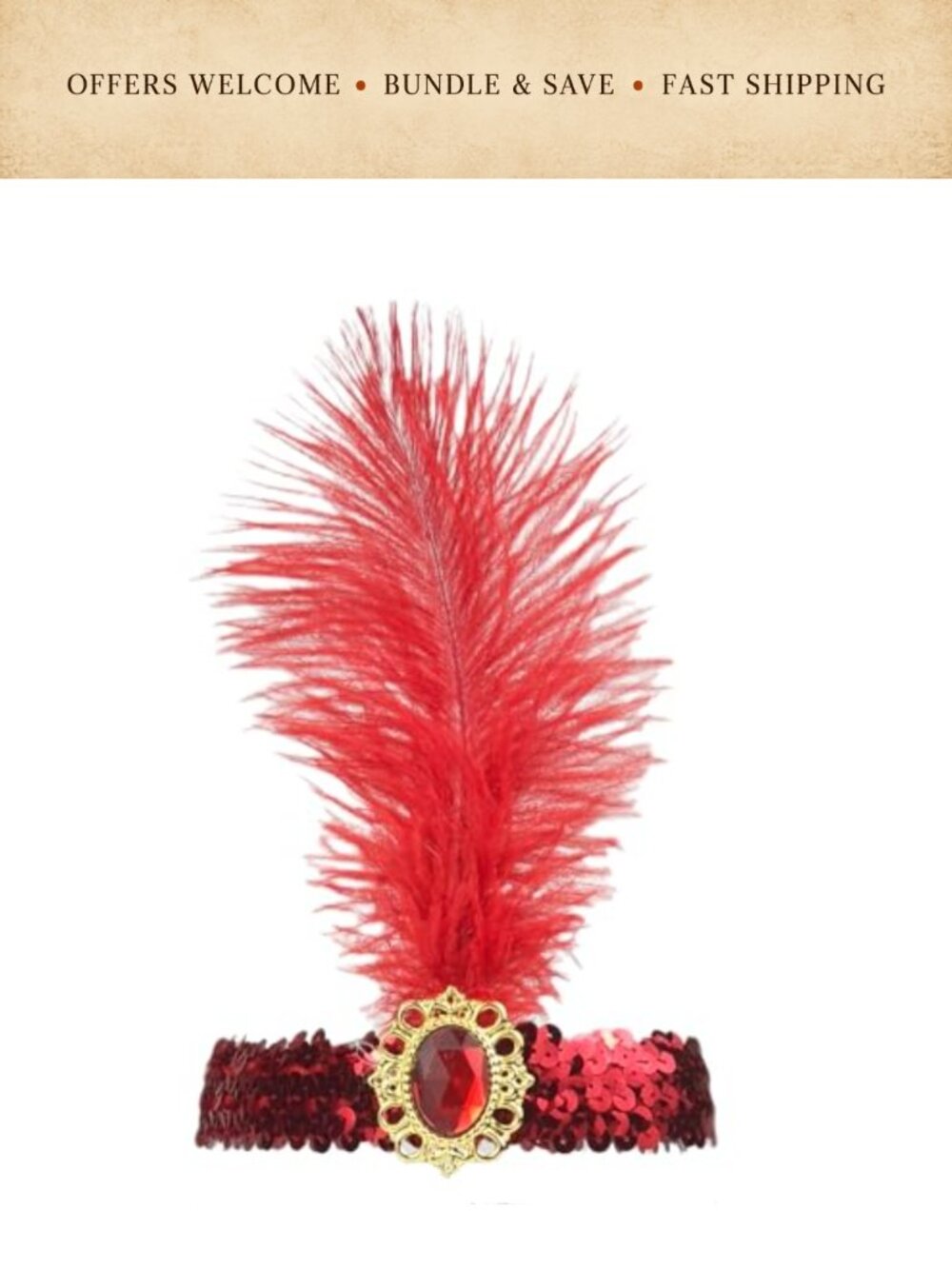 Ostrich Feather Sequin Rhinestone Headband 2pc 1920s Flapper Showgirl Costume